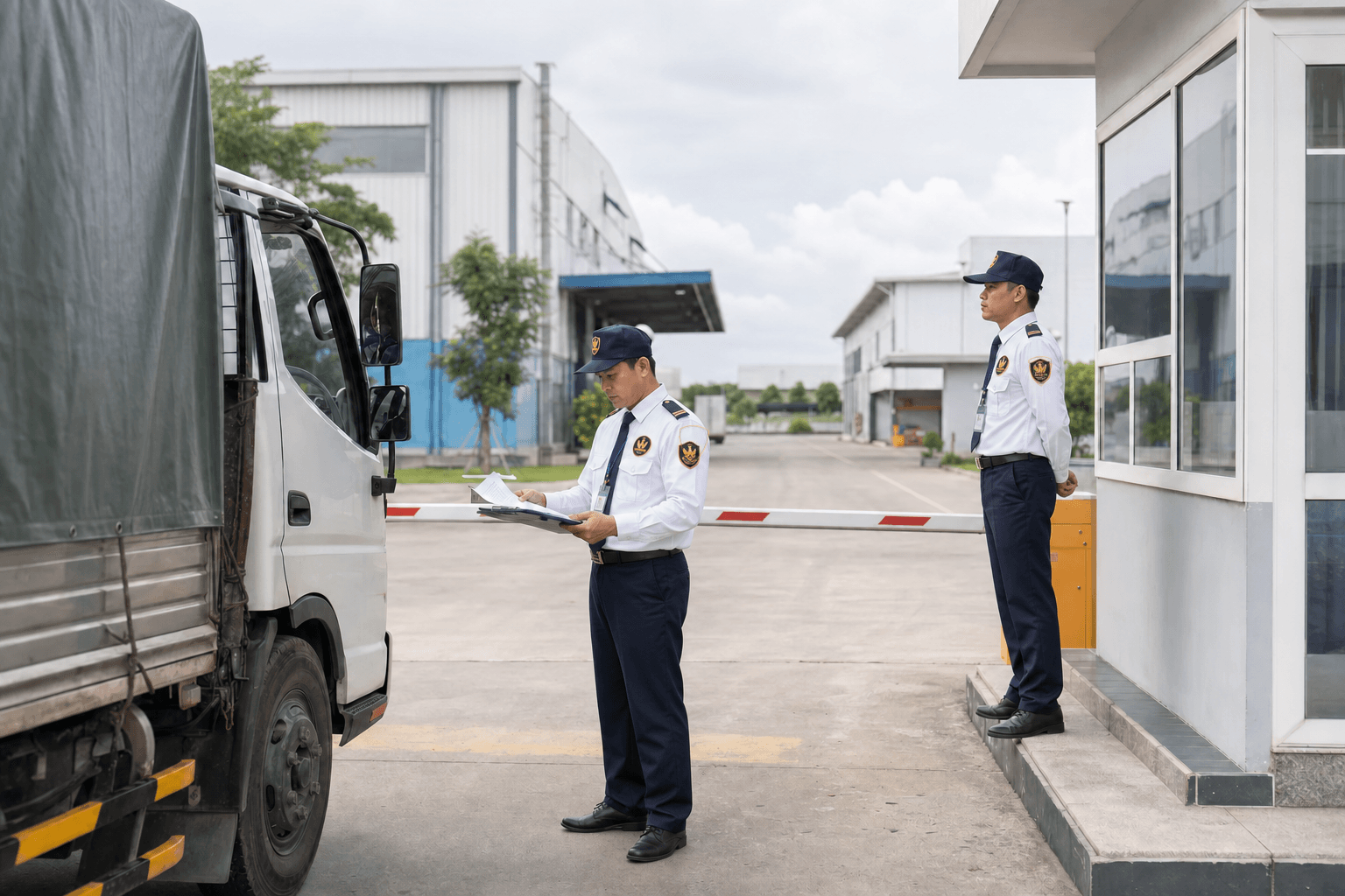 Nhân viên bảo vệ kiểm tra phương tiện tại cổng nhà máy